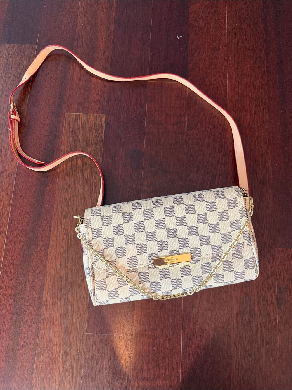 Louis Vuitton Damier Azur Crossbody Bag in White/Beige with Pink Strap